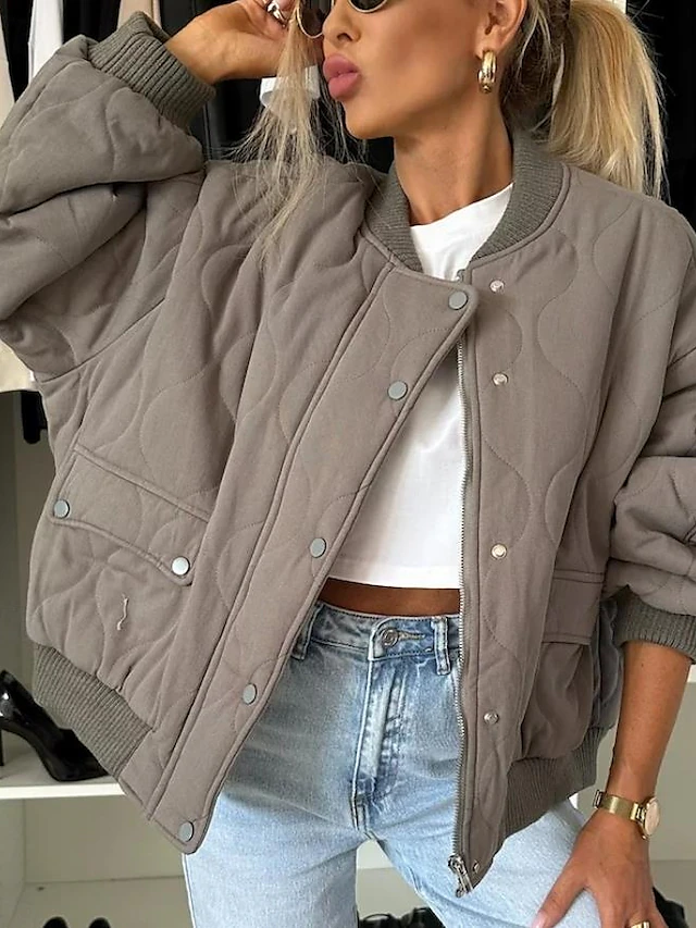 Women's Winter Coat Warm Zipper Pocket Casual Street Style Plain Vacation Street Daily Wear Zipper Stand Collar Regular Fit Long Sleeve Outerwear Black Khaki Dark Grey Fall Winter 9