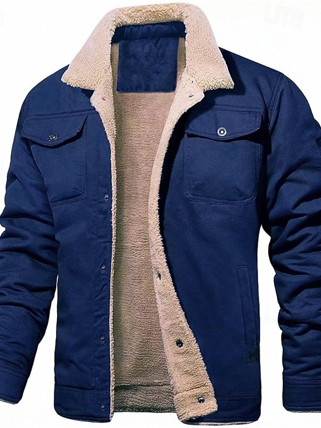  Men's Winter Jacket Fleece Jacket Casual Jacket Chore Jacket Vacation Daily Thermal Warm Pocket Fleece Fall & Winter Plain Fashion Streetwear Lapel Regular Black Army Green Dark Blue Dark Gray Coffee