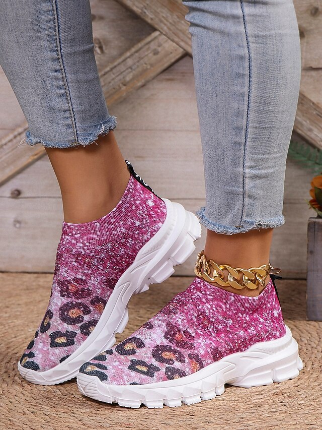 Women's Pink Leopard Print Knit Sneakers - Slip-On Design, Lightweight Casual Walking Shoes for Daily Wear 8