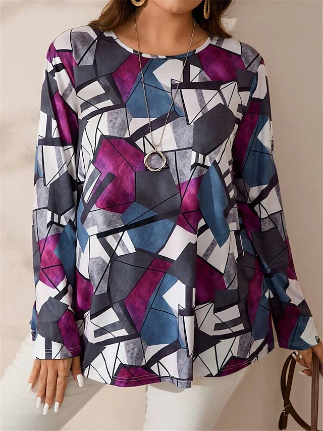 Women's Plus Size Tops T shirt Tee Color Block Print Long Sleeve Crew Neck Casual Daily Fall Winter Blue 6
