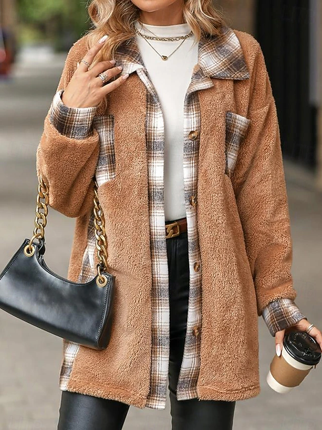 Women's Coat Casual Jacket Daily Wear Vacation Fall Winter Long Coat Loose Fit Warm Stylish Street Style Jacket Long Sleeve Stripes and Plaid with Pockets Black White Wine 8