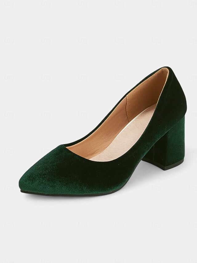 Women's Elegant Green Velvet Block Heel Pumps - Pointed Toe Dress Shoes for Office, Parties, and Formal Events 8