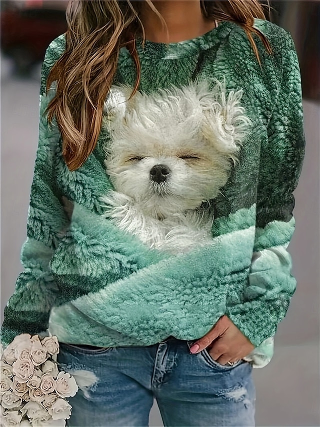  Sudadera de mujer con estampado de perro para uso diario, informal, cuello redondo, manga larga, microelástica, otoño e invierno, cómoda, transpirable, tejido suave