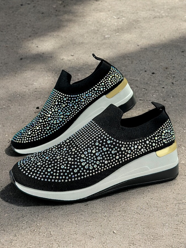 Women's Rhinestone-Embellished Black Slip-On Sneakers – Lightweight, Sparkly Fashion Athletic Shoes for Casual Wear 38