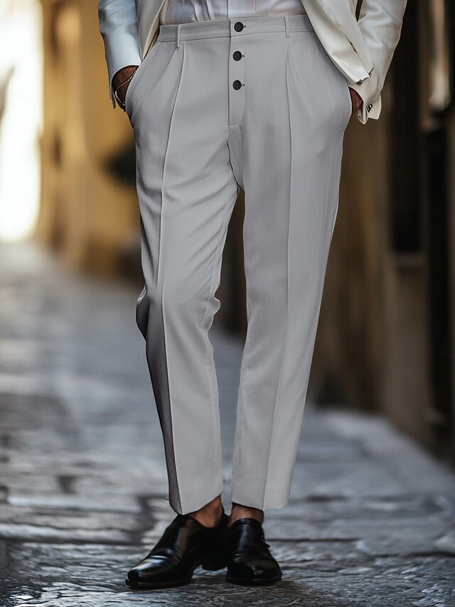  رجالي بدلة بنطلونات السراويل Buttons جيب الطيات سهل راحة ناعم Ankle-length زفاف الأماكن المفتوحة مناسب للبس اليومي أنيق موضة أسود أبيض مرن نسبياً