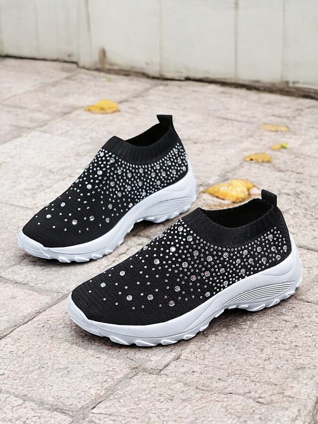 Women's Black Slip-On Sneakers with Rhinestone Embellishments and Chunky White Sole – Stylish and Comfortable Athletic Shoes for Casual Wear 17
