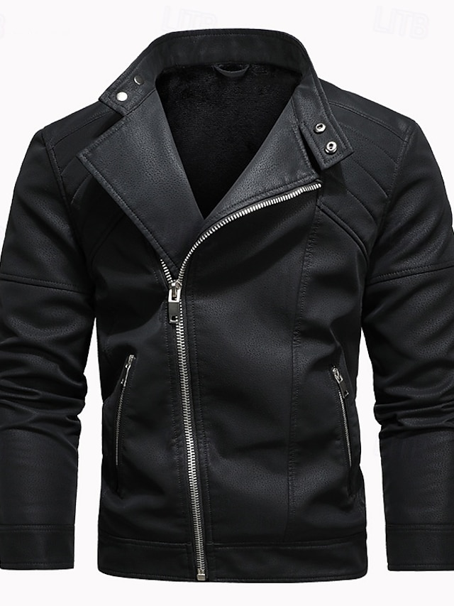  Miesten Nahkatakit Biker takki Moottoripyörä takki Päivittäin Loma Tuulenkestävä Pidä lämpimänä Tasku Syystalvi Tavallinen Muoti Klassinen Stand-kaula-aukko Normaali Musta Ruskea Khaki Jackets
