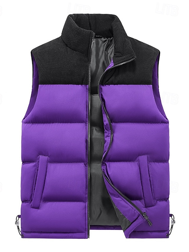  Herre Dunvest Puffer Vest سترة Gilet Daglig Stevnemøte Feriereise Mote Fritid Høst vinter Lapper Lomme Polyester Hold Varm Bekvem عادي Lomme Glidelås Høy krage Normal Svart Elfenben Lilla Grønn Vest