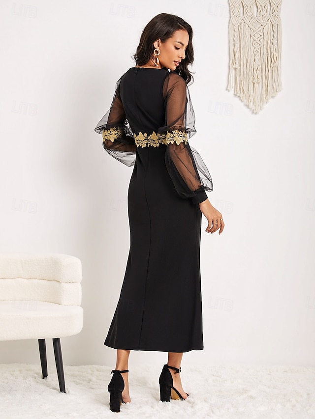  Gold Dress Women's Lace Black Dress Long Dress Maxi Dress Plain V Neck Long Sleeve Black