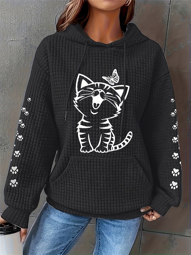  Sudadera con capucha para mujer, sudadera con capucha con estampado de gato para uso diario, informal, de manga larga, microelástica, cómoda, transpirable, de tejido suave para otoño e invierno