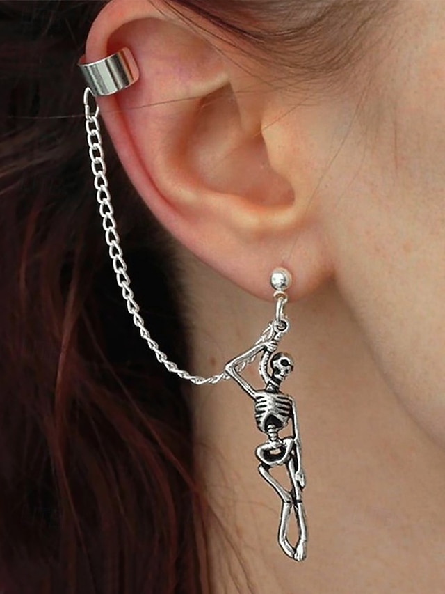  Gothic Skeleton Dangle Earring with Ear Cuff, Vintage Silver Halloween Jewelry for Cosplay and Punk Fashion