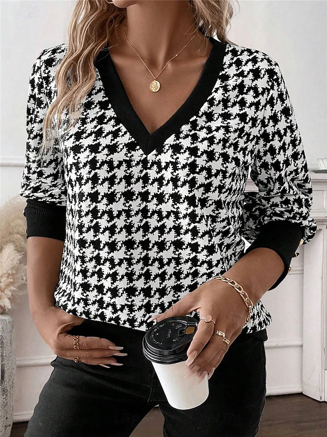 Women's T Shirt Plaid Fashion Modern Casual Long Sleeve V Neck Regular Tops Daily Weekend Black Fall Winter 7