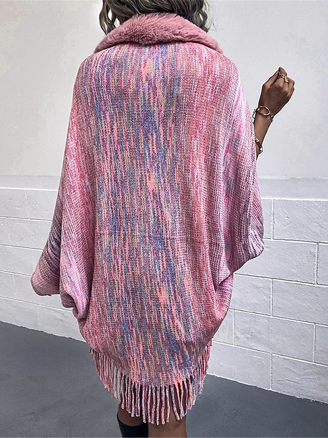 Women's Shrug Casual Soft Rainbow Ribbed Open Front Tassel Knitted Faux Fur Trim Long Sleeve Regular Tops Knit Outdoor Daily Weekend Pink Apricot Fall Winter 9