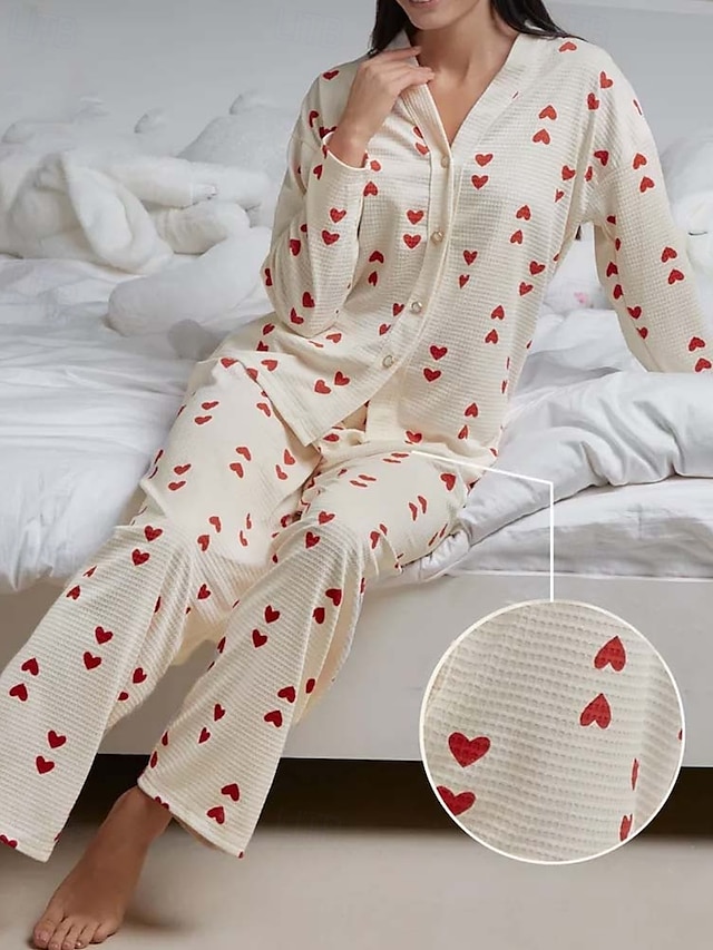  kvinnors alla hjärtans pyjamasset hjärta avslappnad komfort hem daglig komfort varm v-ringad långärmad kofta byxa knapp upp resår midja höst vinter hem outfits