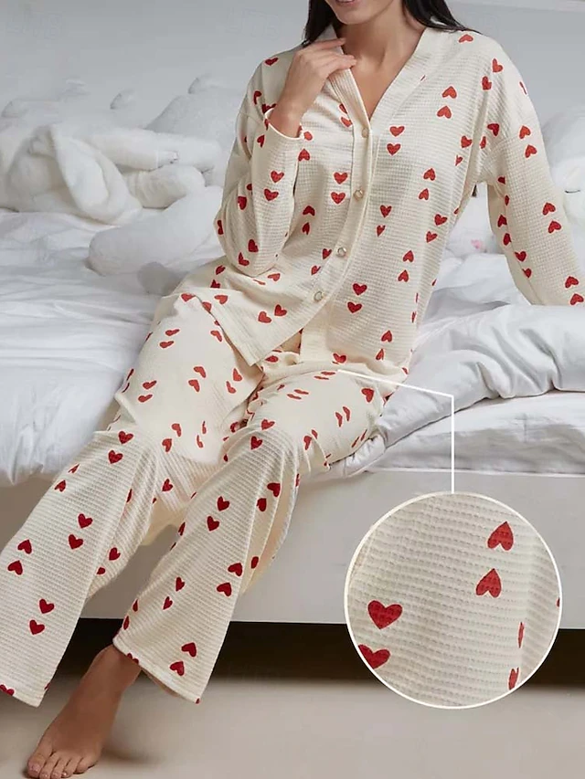 Women's Valentine Pajama Set Heart Casual Comfort Home Daily Comfort Warm V Neck Long Sleeve Cardigan Pant Button Up Elastic Waist Fall Winter Home Outfits 5