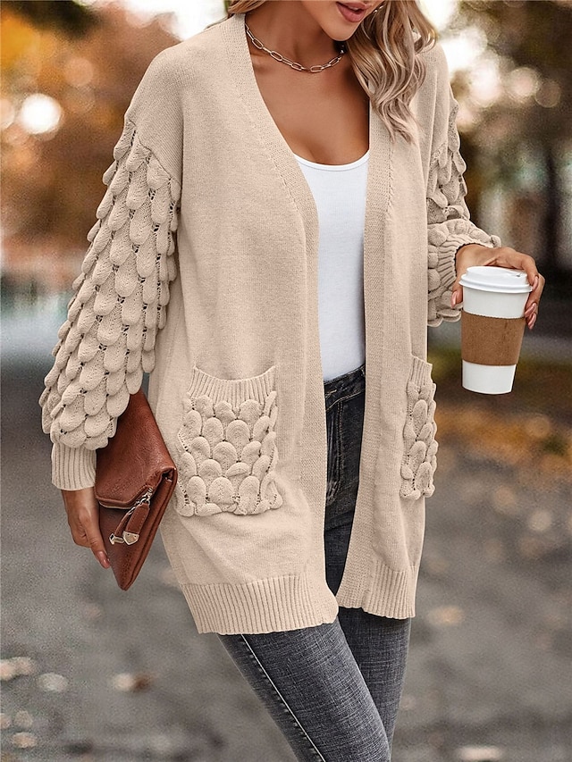  Mulheres Suéter Carregam Casual Macia Cor imaculada Estriado Abertura Frontal Bolsos Tricotado Manga Longa Tops regulares Tricotar Ao ar livre Diário Final de semana Rosa Marron Outono Inverno