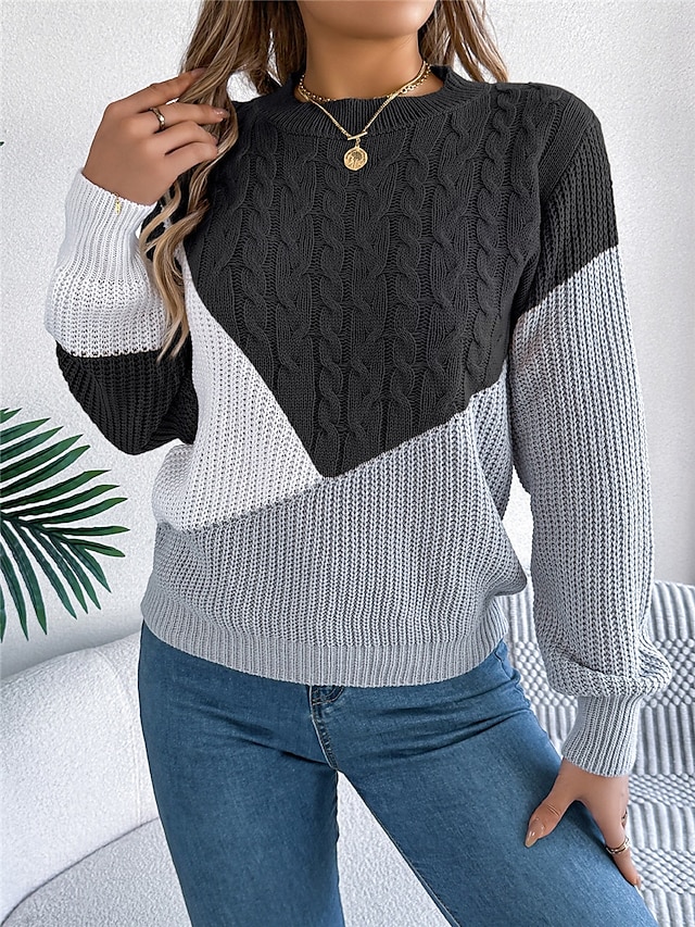 Women's Sweater Pullover Sweater Jumper Casual Soft Color Block Ribbed Crew Neck Patchwork Knitted Long Sleeve Regular Tops Knit Outdoor Daily Weekend Black Pink Fall Winter 19