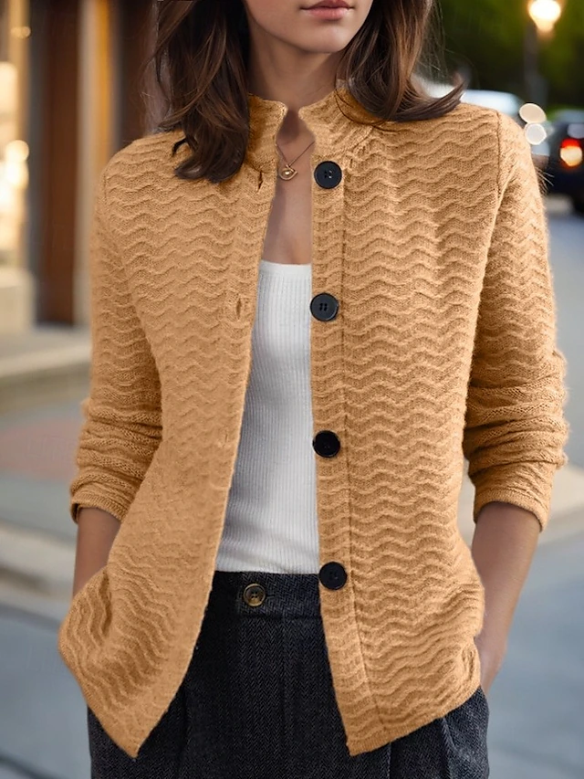 Women's Sweater Cardigan Sweater Jacket Stand Collar Knit Button Knitted Spring Fall Home Daily Weekend Vintage Daily Soft Long Sleeve Pure Color Camel Beige 8
