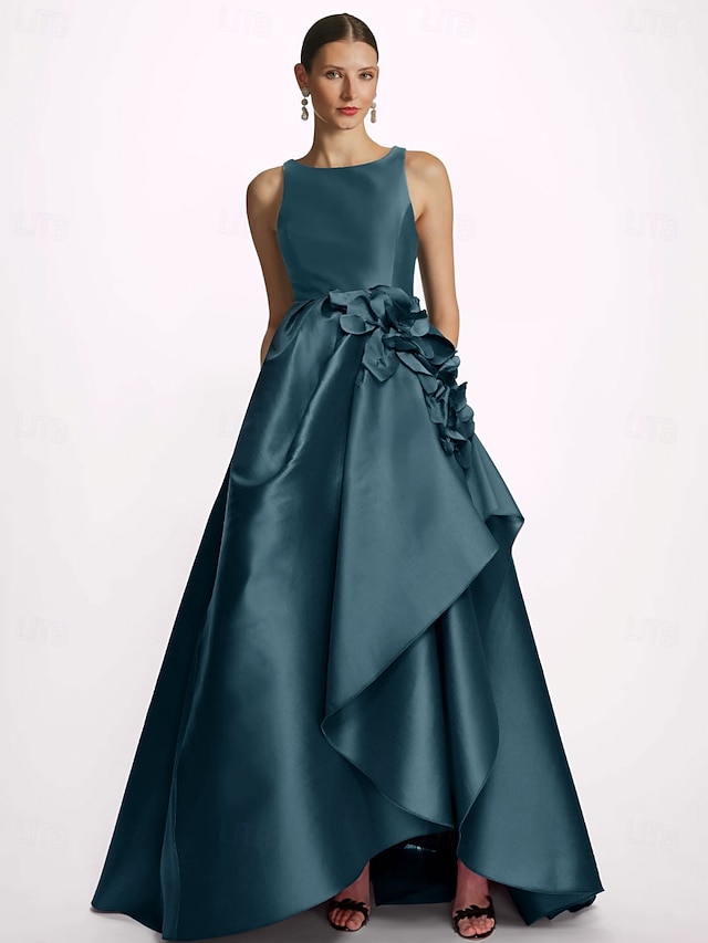  Blau A-Linie Abendgarderobe Elegantes Kleid Formal Fußlänge Ärmellos Juwelenhals Tasche Satin mit Applikationen