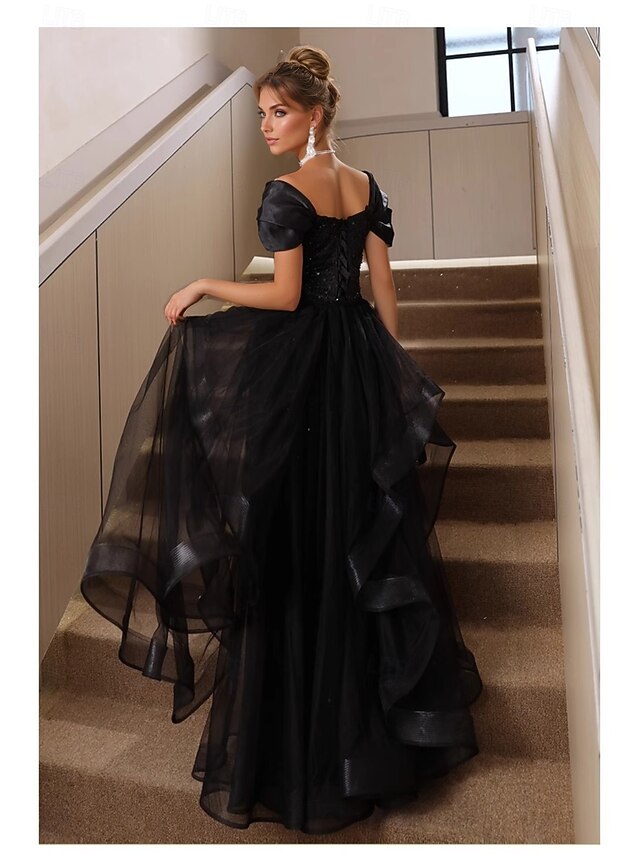 Robe de Bal Trapèze à Manches Courtes et Col en V avec Poches en Satin et Croix