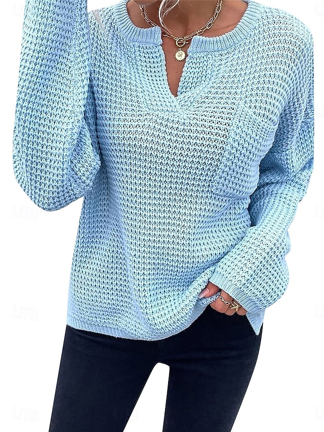 Women's Sweater Pullover Sweater Jumper Casual Soft Pure Color Ribbed V Neck Knitted Long Sleeve Regular Tops Knit Outdoor Daily Weekend Blue Beige Fall Winter 8