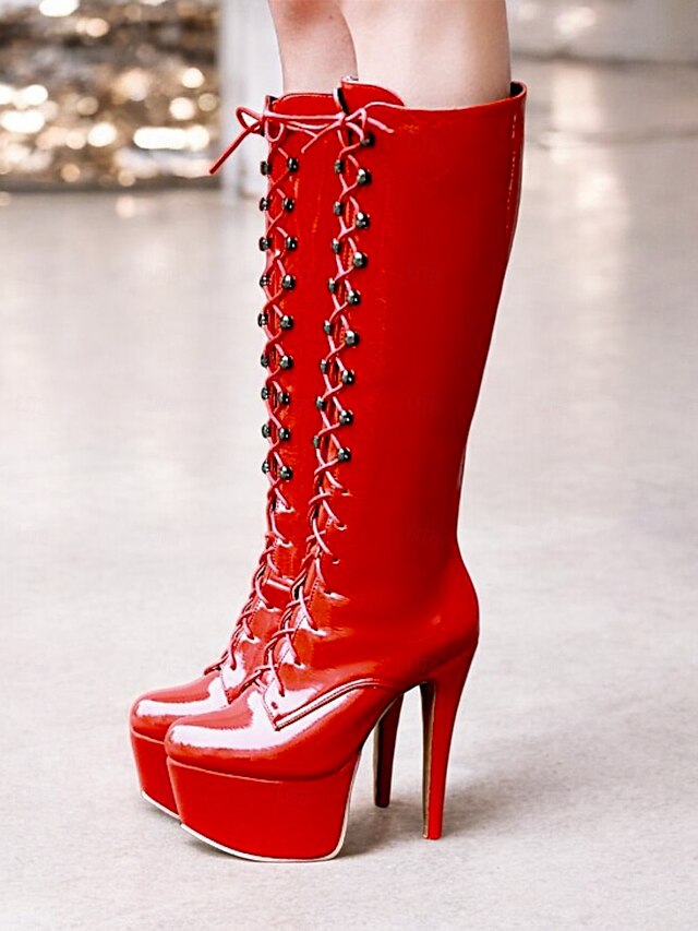 Women's Red Patent Leather Platform Lace-Up Knee-High Boots – Sexy Gothic Stiletto Heels for Clubwear, Cosplay, and Party Events 10