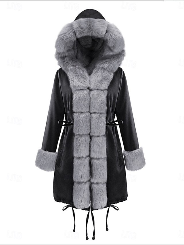 Women's Faux Fur Coat Warm Breathable Pocket Fur Collar Faux Fur Trim Fleece Lined Casual Plain Vacation Street Daily Wear Going out Open Front Long Hoodie Regular Fit Long Sleeve Outerwear Black4