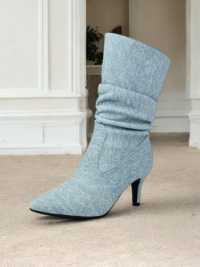  Women's Beige Slouch Mid-Calf Boots with Pointed Toe and Kitten Heel – Chic Fall Fashion for Casual and Dressy Occasions