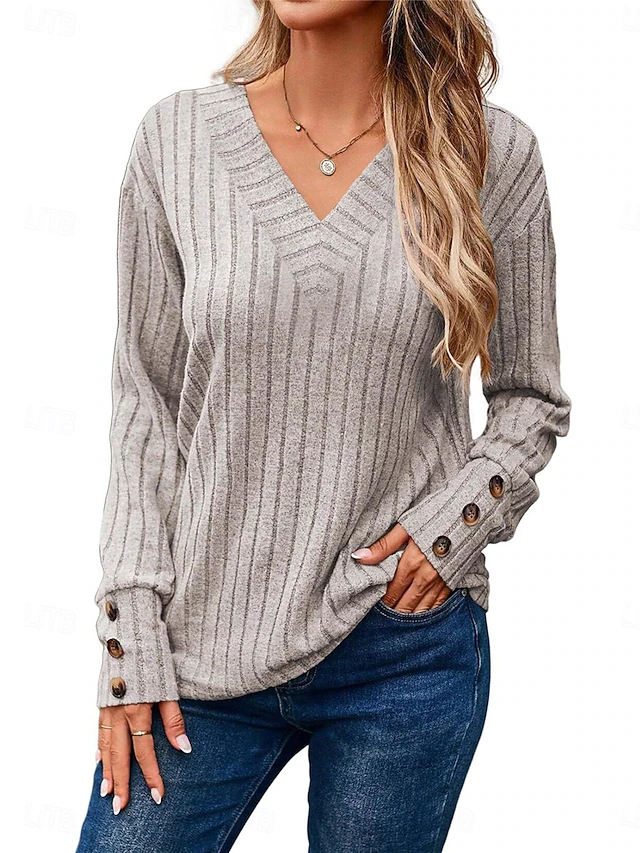 Women's T Shirt Plain Fashion Modern Casual Long Sleeve V Neck Regular Tops Daily Weekend Beige Fall Winter 6