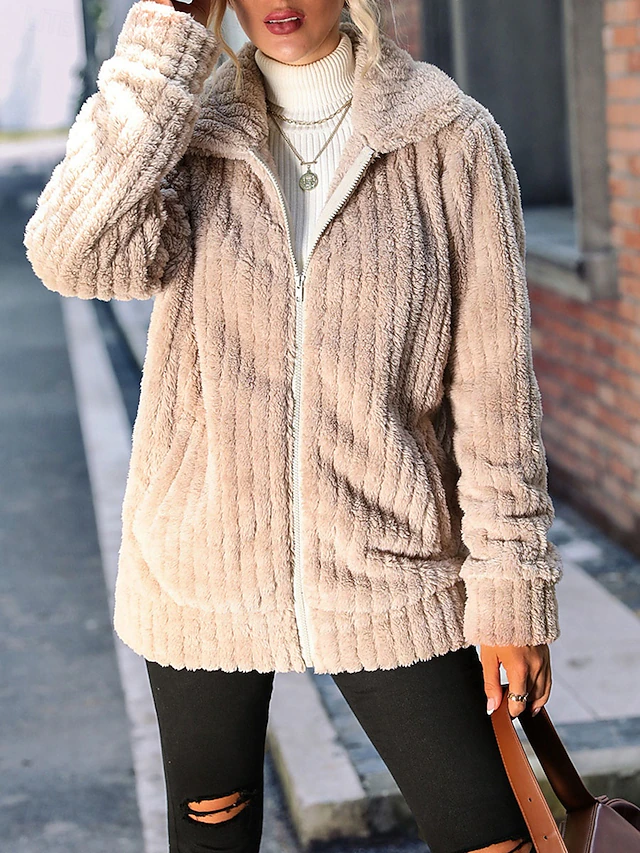 Women's Fleece Jacket Teddy Coat Warm Breathable Zipper Pocket Fleece Lined Casual Plain Vacation Street Daily Wear Going out Zipper Regular Turndown Regular Fit Long Sleeve Outerwear Coffee Fall 6