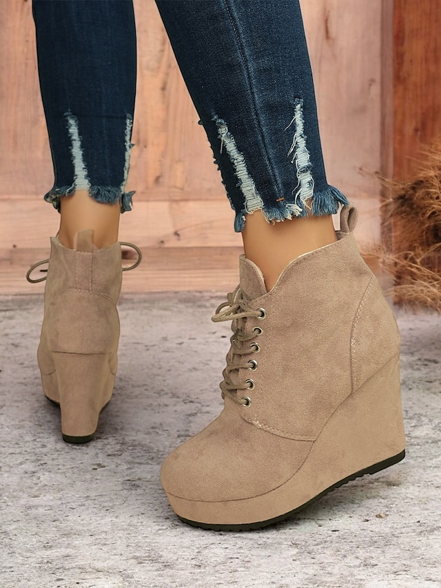  Women's Faux Suede Wedge Ankle Boots with Lace-Up Design - Comfortable Platform Boots for Casual and Everyday Wear