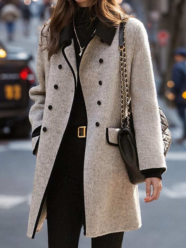 Women's Coat Outdoor Street Daily Wear Fall Winter Long Coat Regular Fit Thermal Warm Breathable Stylish Casual Jacket Long Sleeve Plain Stripes and Plaid with Pockets Gray 6