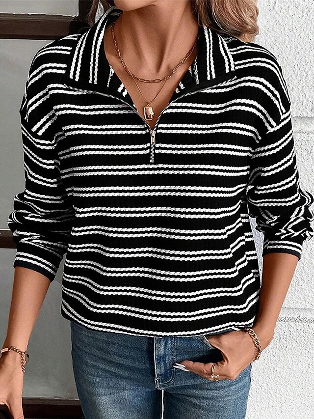 Women's Shirt Blouse Striped Casual Long Sleeve Shirt Collar Regular Tops Daily Zipper Print Black Fall Winter 7