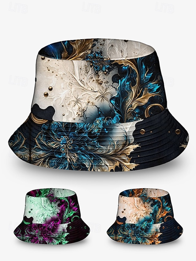  cappello da pescatore con stampa artistica da uomo con motivo floreale astratto blu e oro – cappello da sole da esterno elegante e unico per tutte le stagioni
