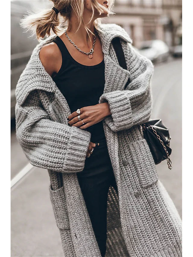 Women's Oversized Cardigan Chunky Cardigan Streetwear Daily Casual Solid Color Open Front Knitted Long Sleeve Long Tops Knit Work Black Gray Fall Winter 9