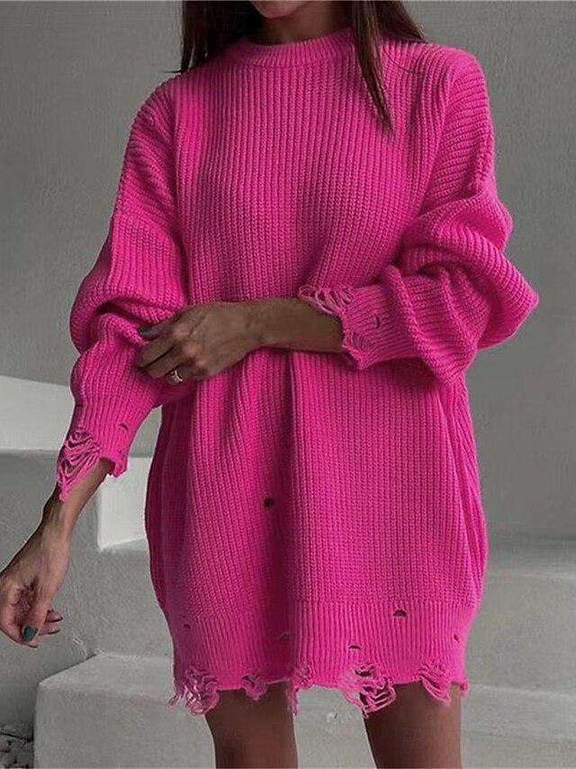 Women's Sweater Dress Casual Soft Pure Color Ribbed Crew Neck Knitted Long Sleeve Long Tops Knit Outdoor Daily Weekend Black Pink Fall Winter4