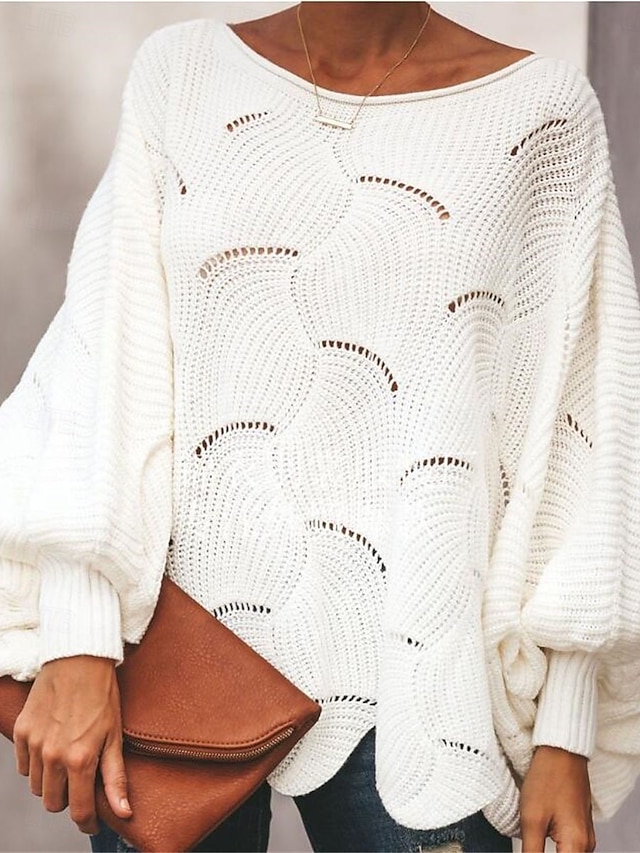  Dame Bluse Pullover trøje Afslappet Blødt Ren farve Rillet Rund hals Udhulet Strikket Langærmet Almindelige toppe Strikke udendørs Daglig Weekend Hvid Lyserød Efterår Vinter