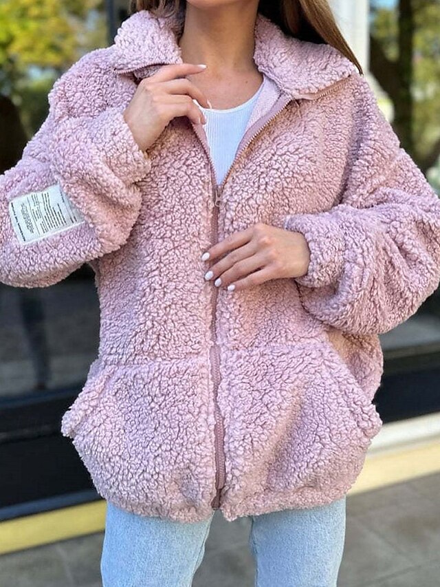 Women's Fleece Jacket Teddy Coat Warm Breathable Zipper Pocket Fleece Lined Casual Plain Vacation Street Daily Wear Going out Zipper Regular Stand Collar Regular Fit Long Sleeve Outerwear White Pink4