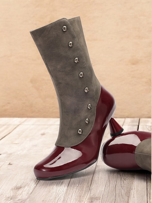  botas femininas vintage bicolores com detalhes de botões e salto baixo – botas com fecho de zíper estilo retrô para a moda outono e inverno