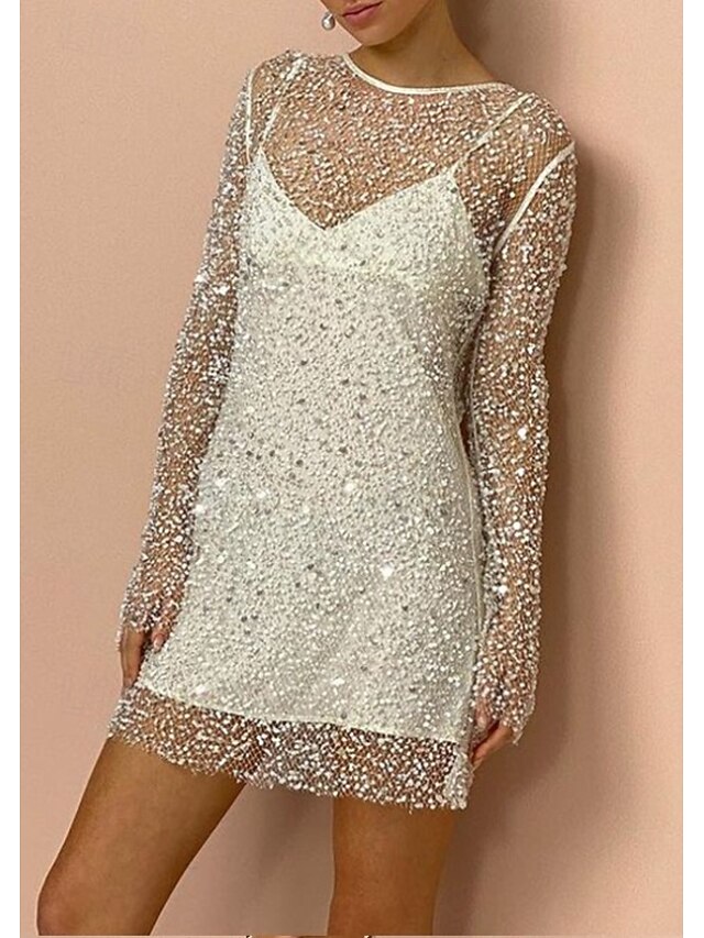 Women's Mini Dress Sequin Dress Vintage Dress Elegant Dress Elegant Retro Daily Evening Party Holiday Regular Fit Polka Dot Long Sleeve V Neck White Fall Winter 6