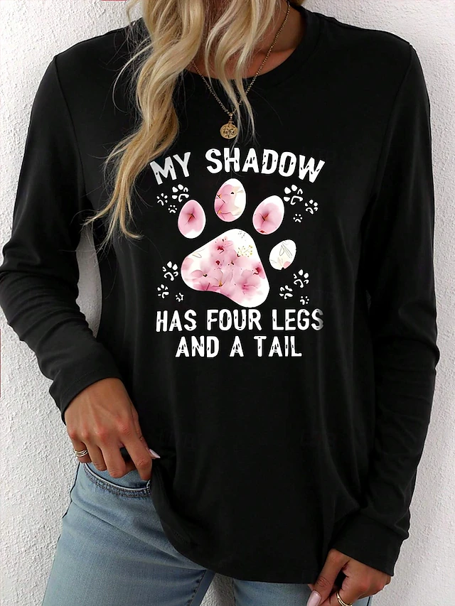 Women's T Shirt Letter Casual Long Sleeve Crew Neck Regular Tops Daily Print Black Spring Fall4