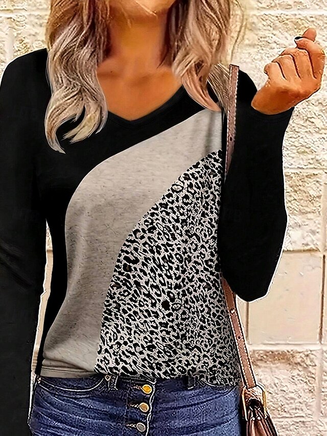 Women's T Shirt V Neck Long Sleeve Tunic Leopard Color Block Casual Regular Tops Daily Print Black Spring Fall4