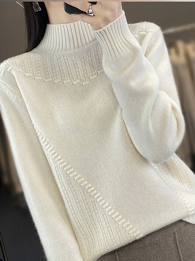  Dame Genser Pullover genser Fritid Myk Ren farge Riflet Rullekrage Strikket Langermet Vanlige topper Strikke utendørs Daglig Helg Hvit Rød Høst Vinter