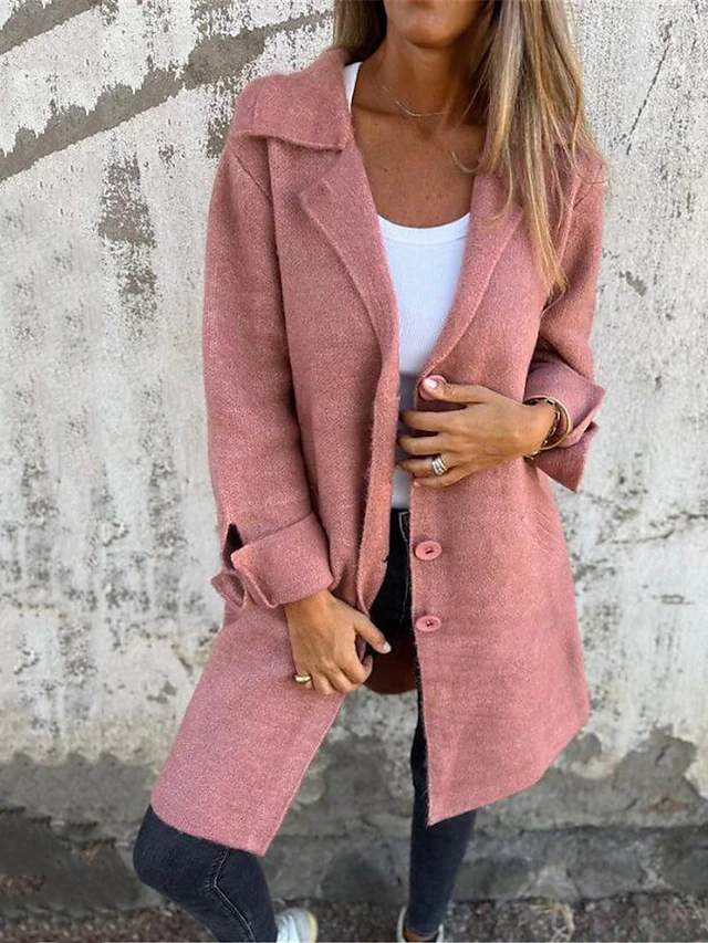 Women's Coat Outdoor Street Daily Wear Fall Winter Long Coat Regular Fit Thermal Warm Breathable Stylish Casual Jacket Long Sleeve Plain with Pockets Pink Brown Green 5