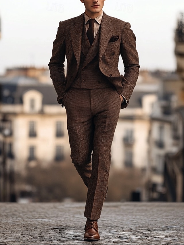  De los hombres Boda Fiesta de baile Trajes de tweed Solapa de Pico Chocolate Moda Retro Antiguo Espiga A Medida Juego de 3 piezas Seis Botones en Dos Hileras