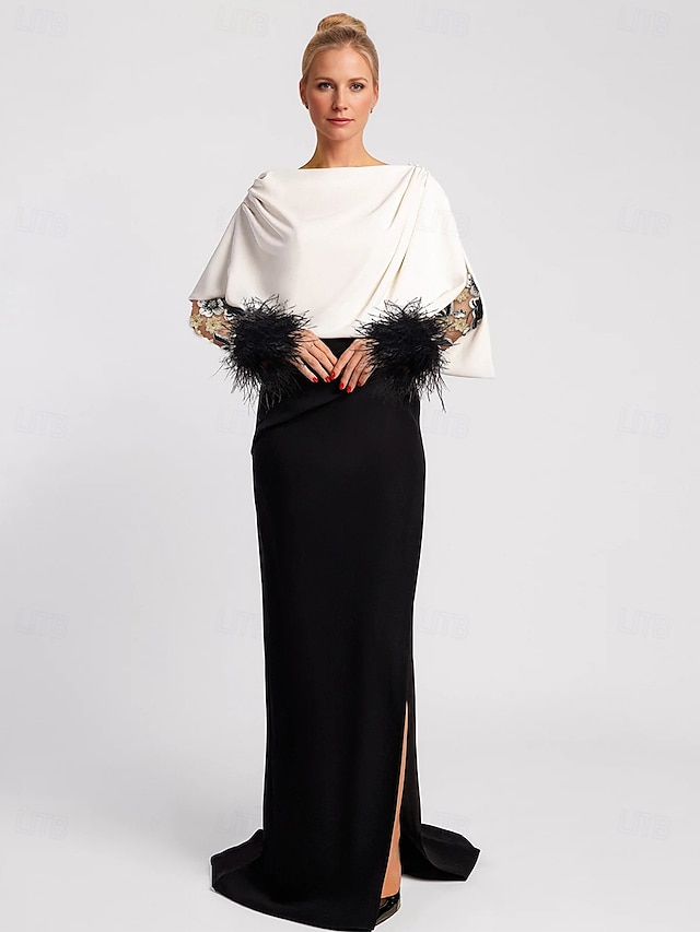  Schwarzes Kleid Meerjungfrau Abendkleid elegantes Kleid formell Auslauf  Pinsel Zug Langarm Illusion-Ausschnitt Champagner Mutter der Braut Kleid dehnbarer Krepp mit Feder