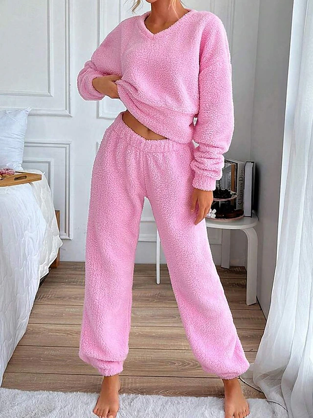 Women's Pajama Set 2 Pieces Print Comfort Home Daily Comfort Warm V Neck Long Sleeve Pullover Pant Spring Fall Home Outfits 6