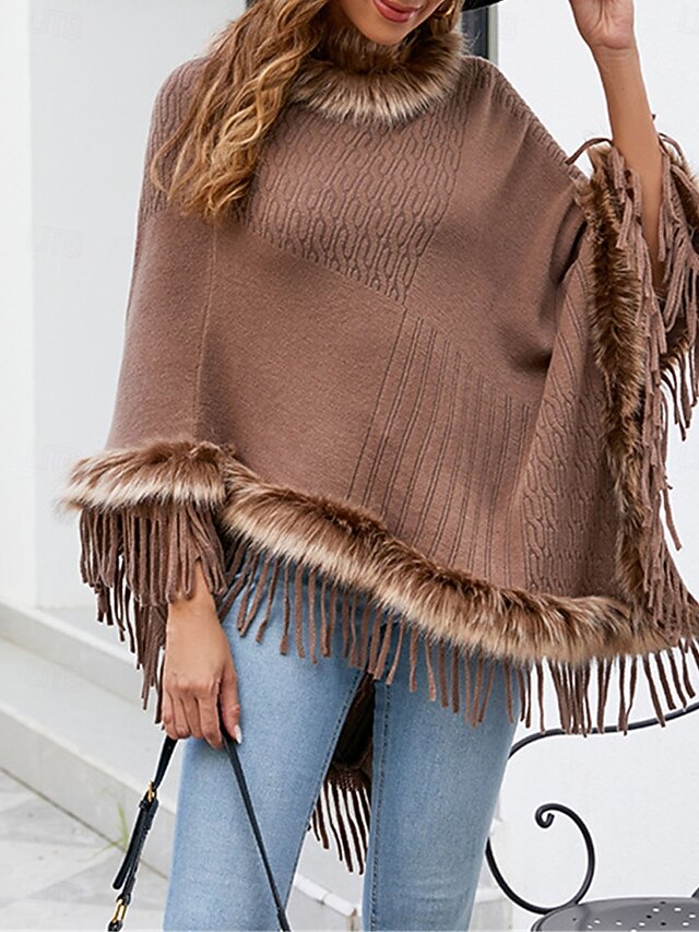 Women's Cloak / Capes Outdoor Street Daily Wear Fall Winter Regular Coat Regular Fit Thermal Warm Breathable Stylish Casual Jacket Long Sleeve Plain Tassel Fringe Faux Fur Trim Red Apricot Coffee 11
