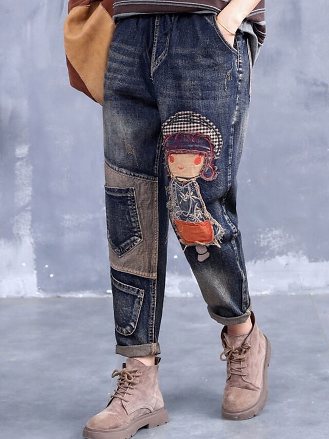 Women's Jeans Harem Pants Vintage Streetwear Mid Waist Embroidered Pocket Drawstring Micro-elastic Street Casual Blue Fall & Winter Regular Fit 5