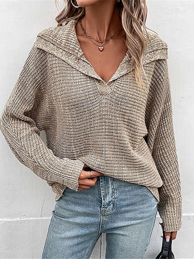  Women's Sweater Pullover Sweater Jumper Casual Soft Solid Color Ribbed Hooded Knitted Long Sleeve Regular Tops Knit Outdoor Daily Weekend Khaki Fall Winter